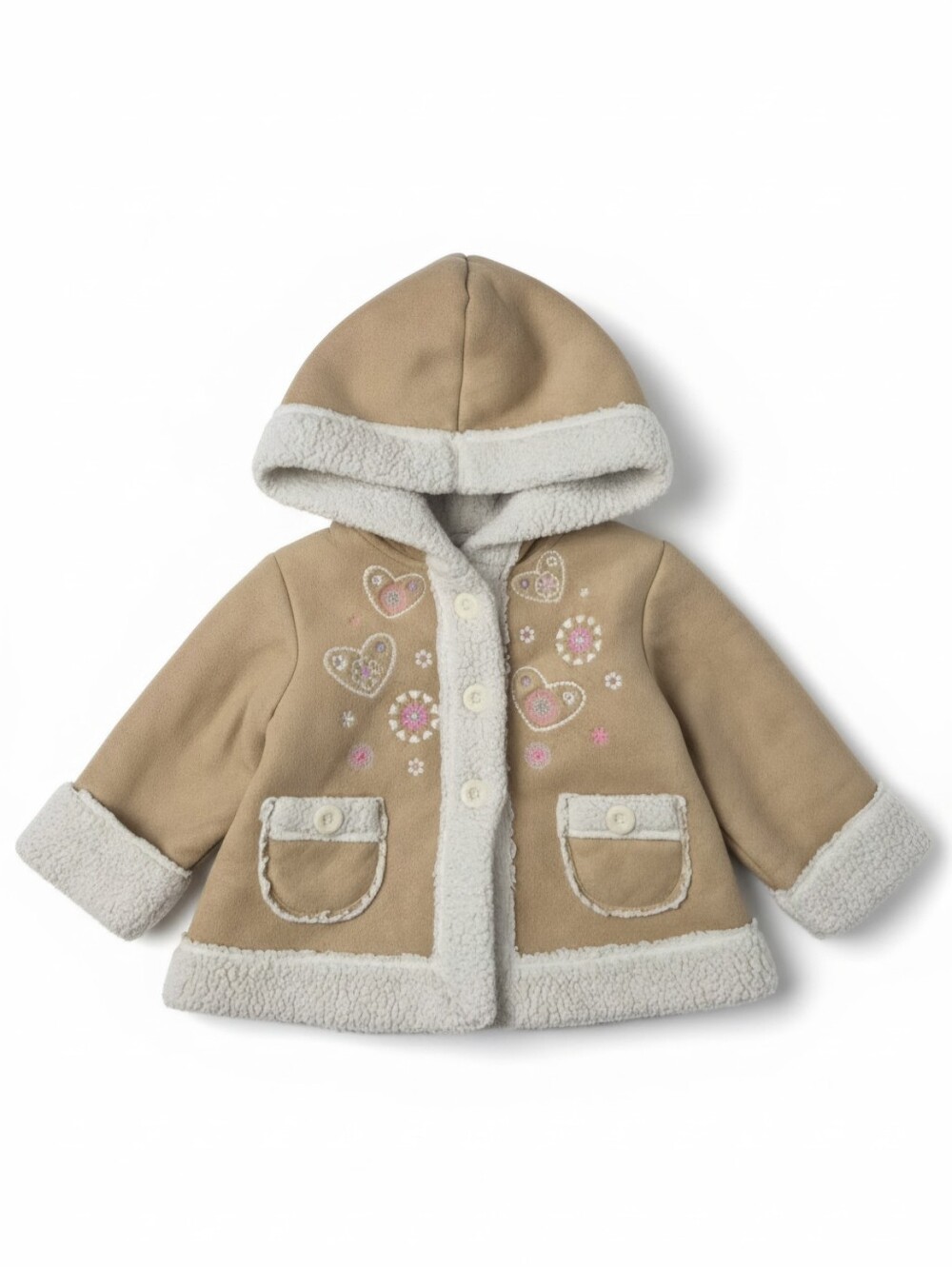 OshKosh B’gosh Baby Girl Faux Suede Sherpa Coat Jacket Hooded Heart Floral 9M